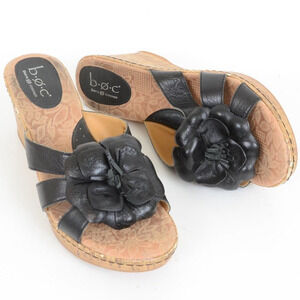BOC Born Concept Women's 10 Black Leather Sandals Cork Wedge Floral Vacay Cruise